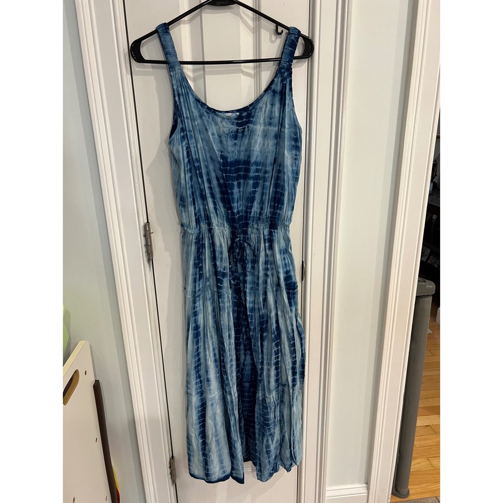 J. Slee Blue Tie Dye Rayon Maxi Dress Womens Medium Elastic Waist Tiered Boho